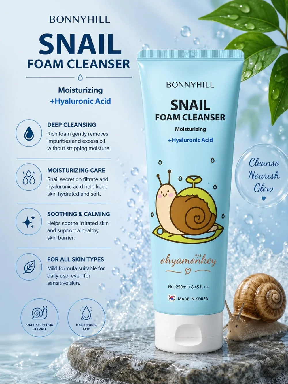 Bonnyhill Snail Foam Cleanser with Hyaluronic Acid 250ml